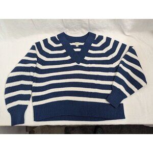 a new day women's medium blue white striped v neck sweater knit, warm winter A3